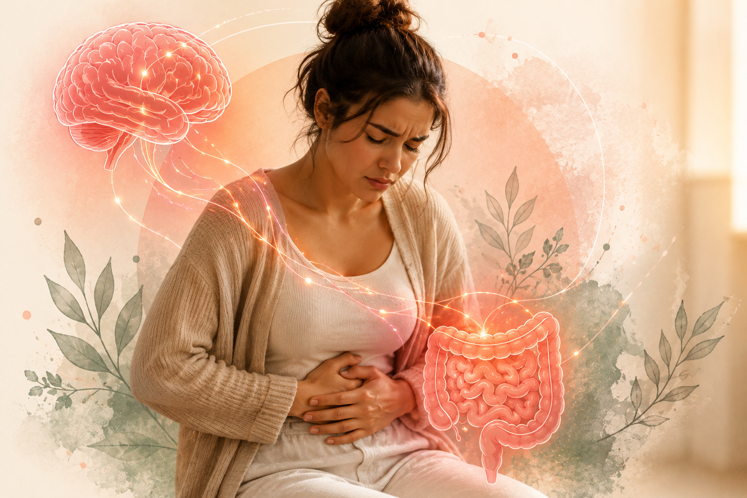 Mulher com desconforto abdominal e ilustrações do cérebro e intestino conectados, representando o eixo intestino-cérebro