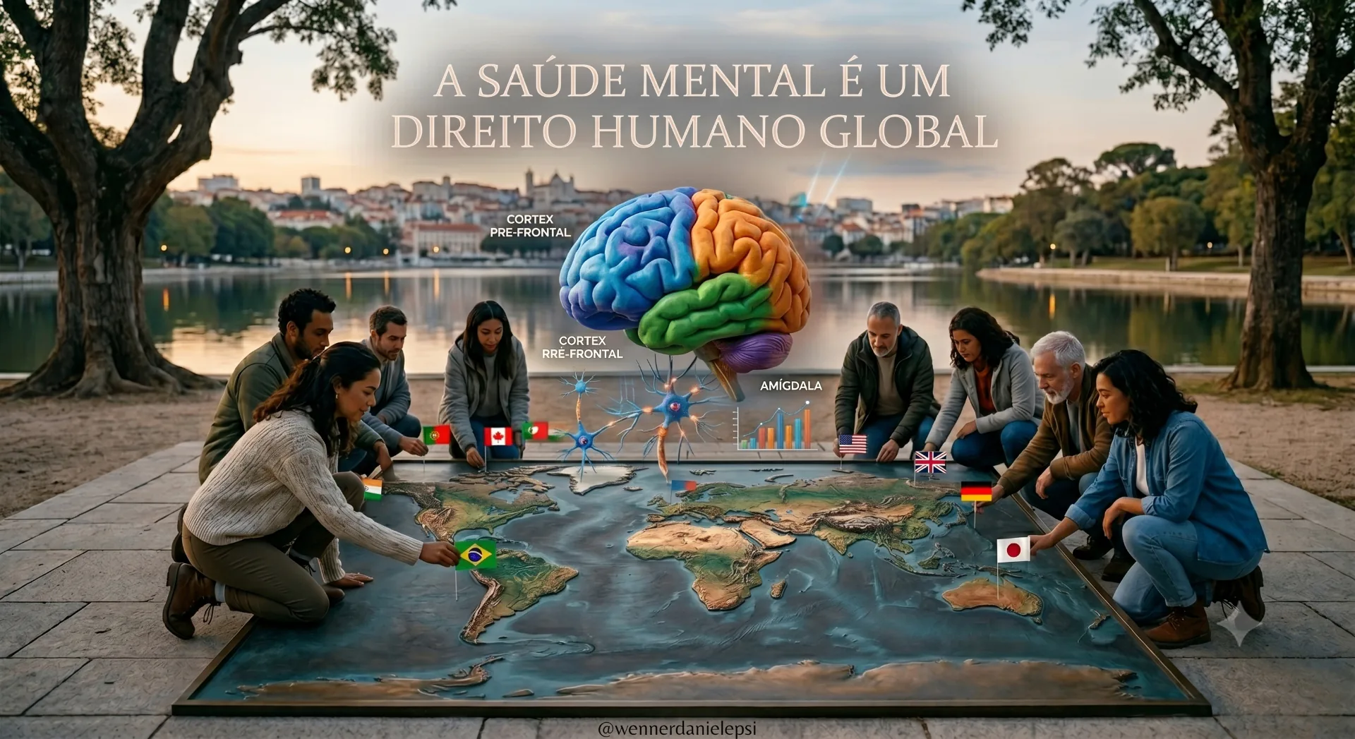 Grupo internacional reunido em torno de um mapa-múndi simbolizando saúde mental como direito humano global