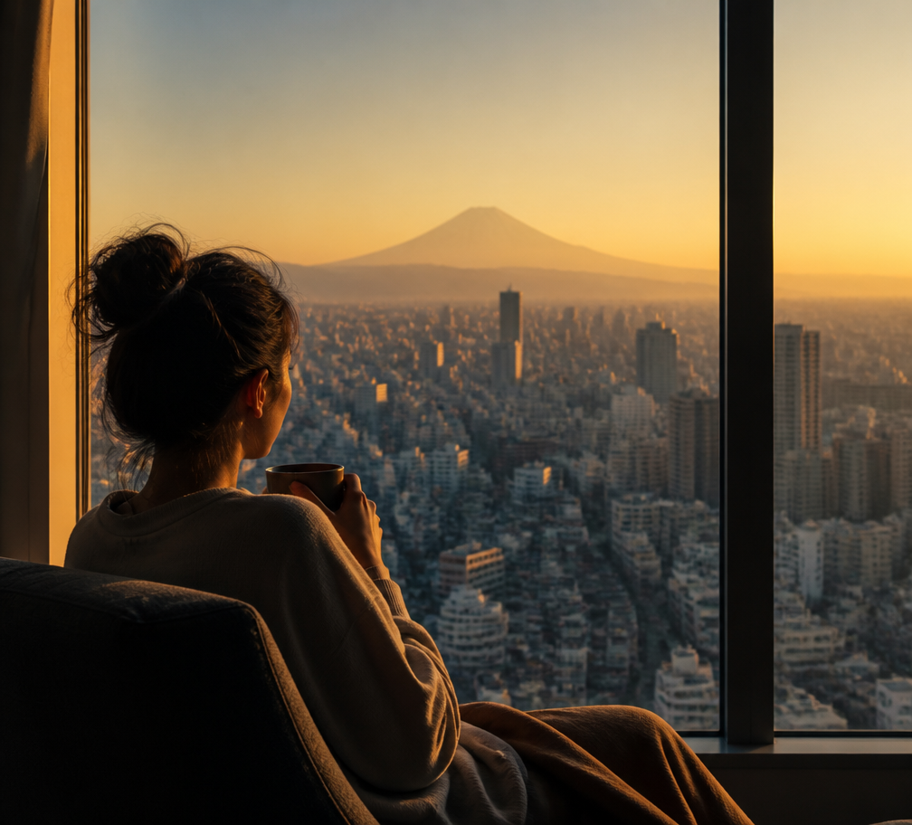 Mulher observando a cidade pela janela ao entardecer