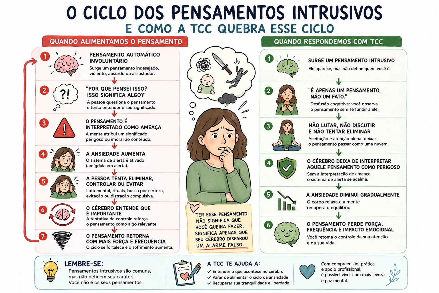 Infográfico comparando o ciclo dos pensamentos intrusivos alimentados pela ansiedade (7 etapas em vermelho) versus a resposta da TCC em 6 etapas (em verde), com nota central: ter esse pensamento não significa que você queira fazer, é apenas um alarme falso do cérebro