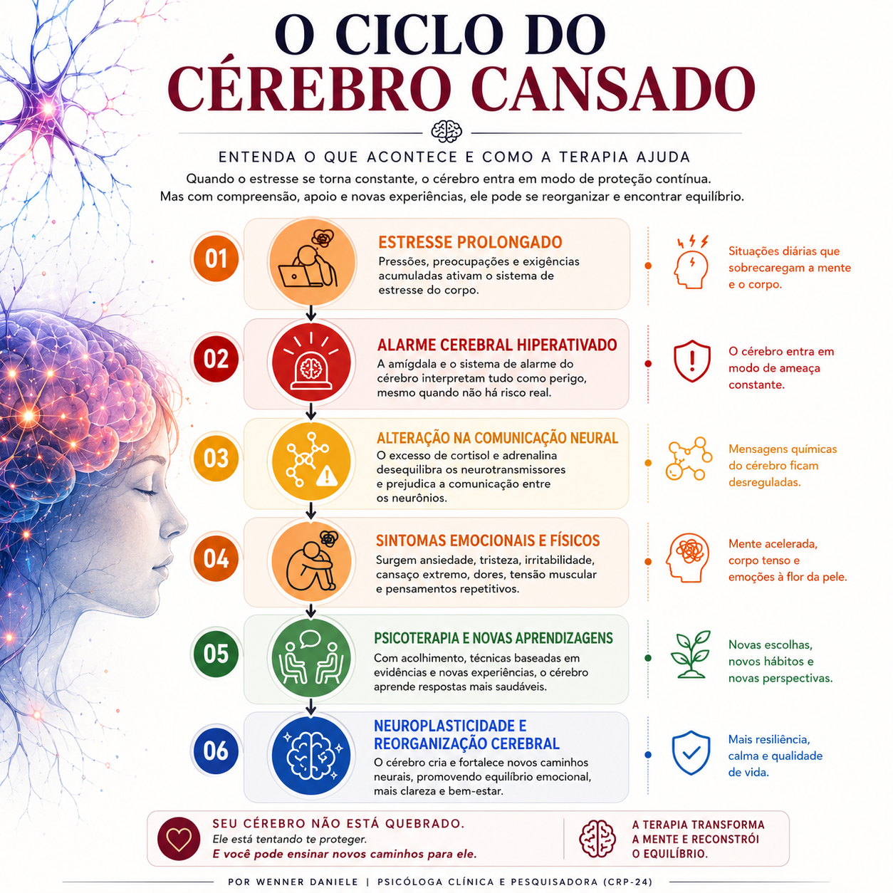 Infográfico WYNEED — O Ciclo do Cérebro Cansado em 6 etapas: estresse prolongado, alarme cerebral hiperativado, alteração na comunicação neural, sintomas emocionais e físicos, psicoterapia e novas aprendizagens, neuroplasticidade e reorganização cerebral.