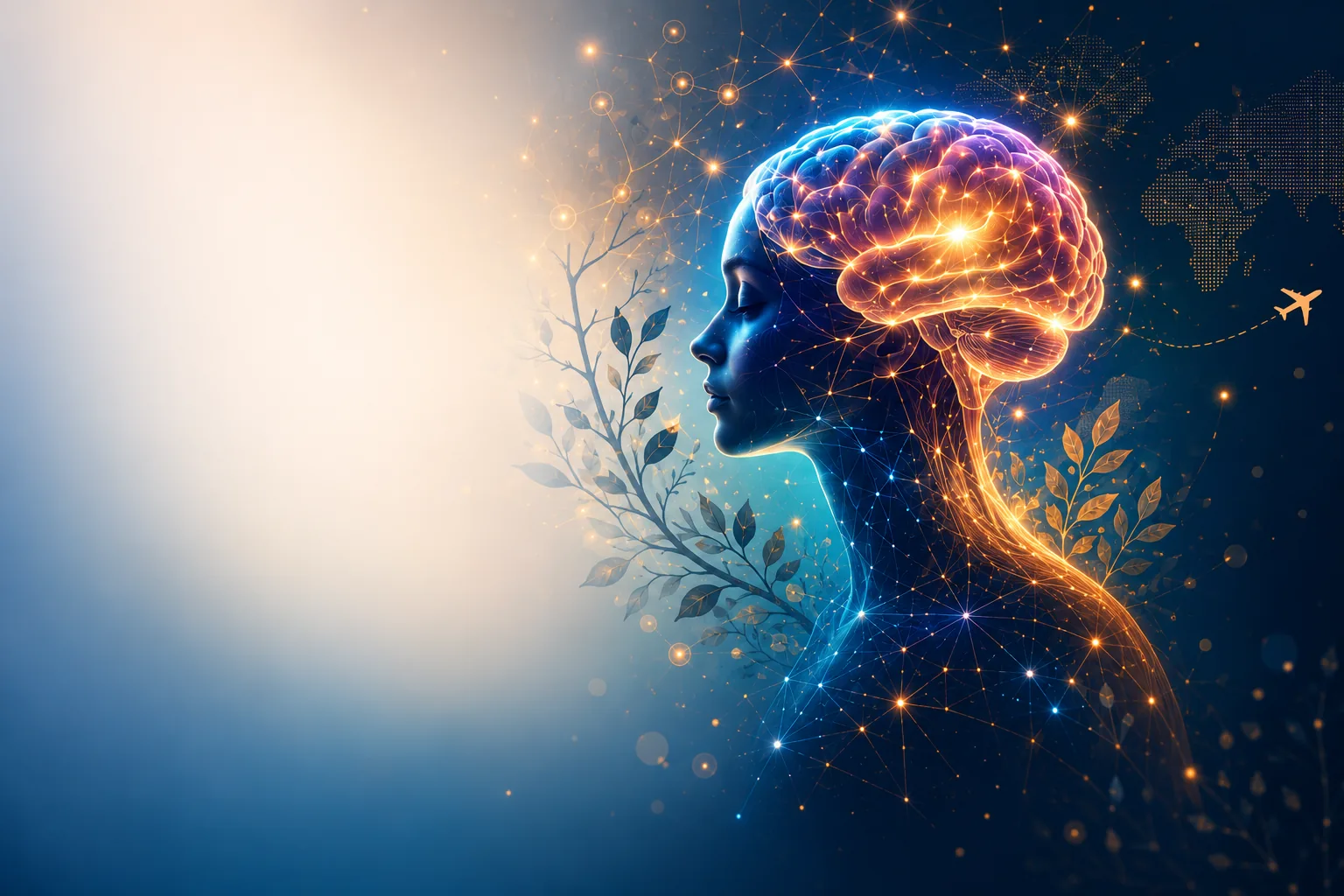 Mente, neurociência e cuidado — ilustração simbólica