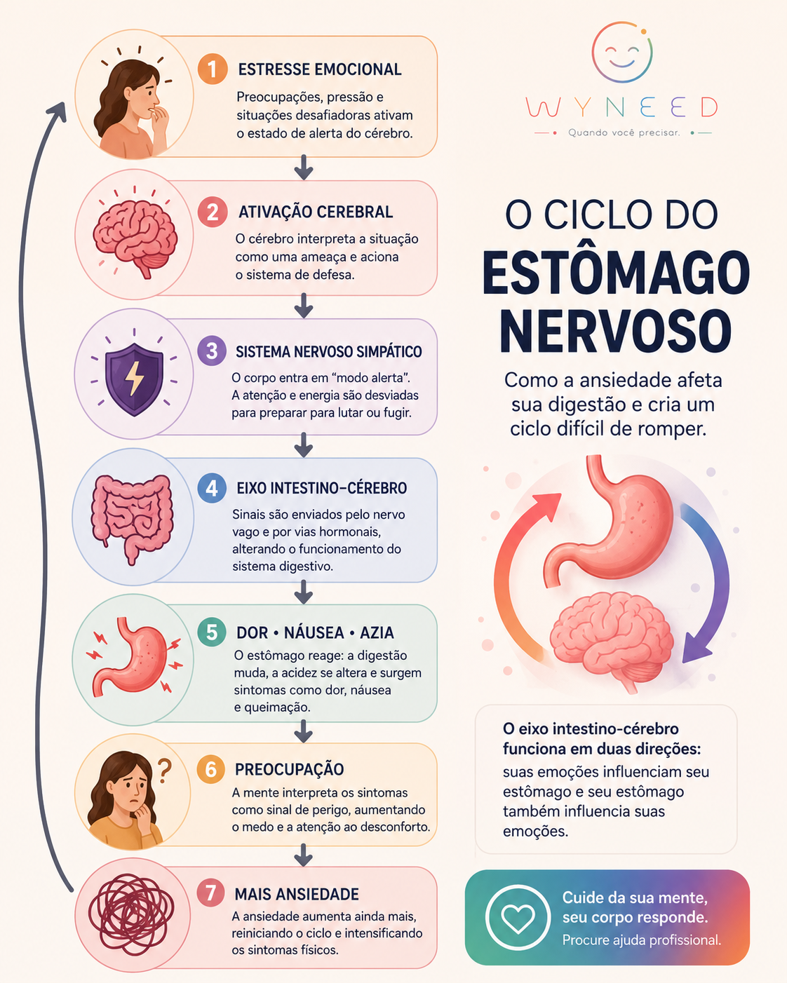 Infográfico do ciclo do estômago nervoso: estresse emocional, ativação cerebral, sistema nervoso simpático, eixo intestino-cérebro, dor, náusea, azia, preocupação e mais ansiedade
