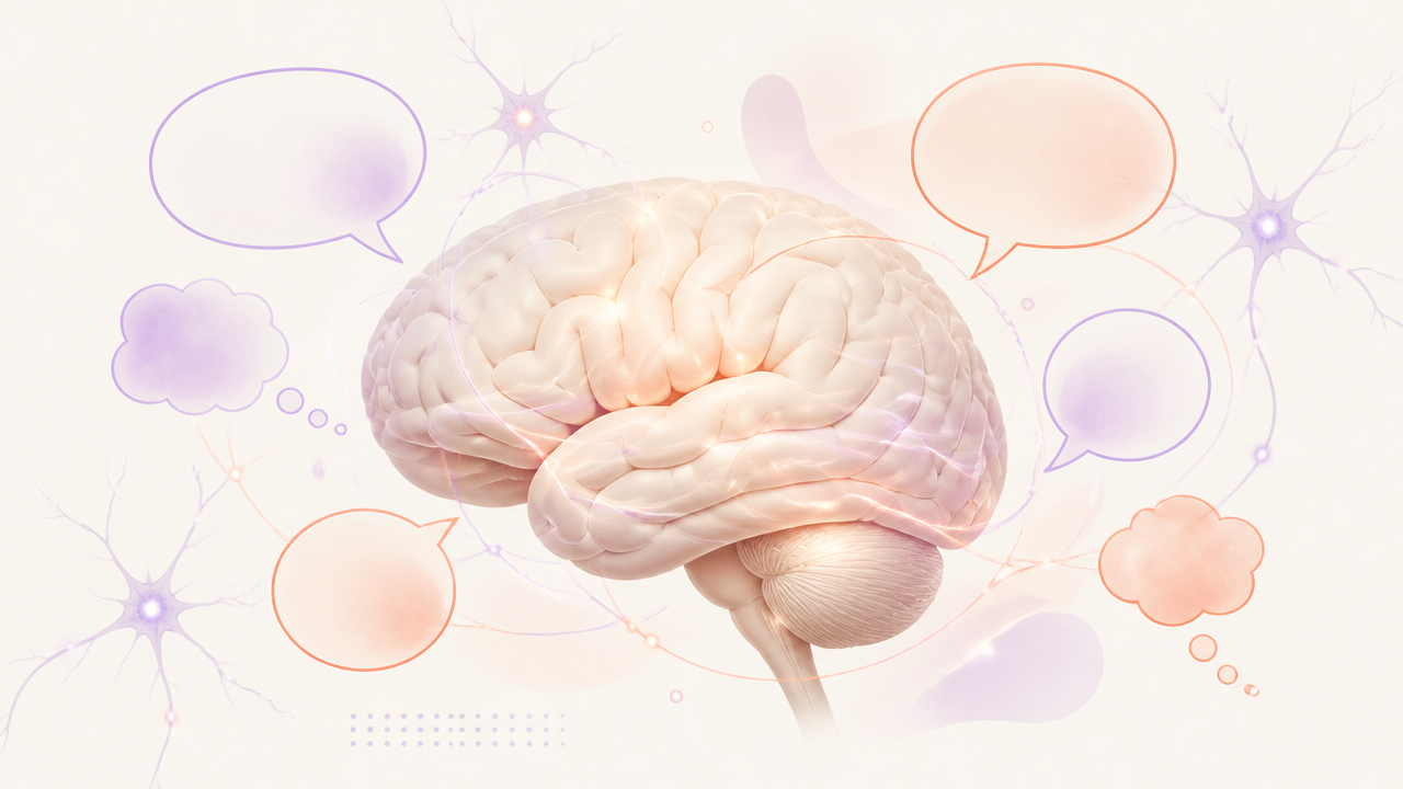 Ilustração conceitual de um cérebro cercado por balões de pensamento em tons pastel — representação visual do diálogo interno e da neurociência do self-talk.