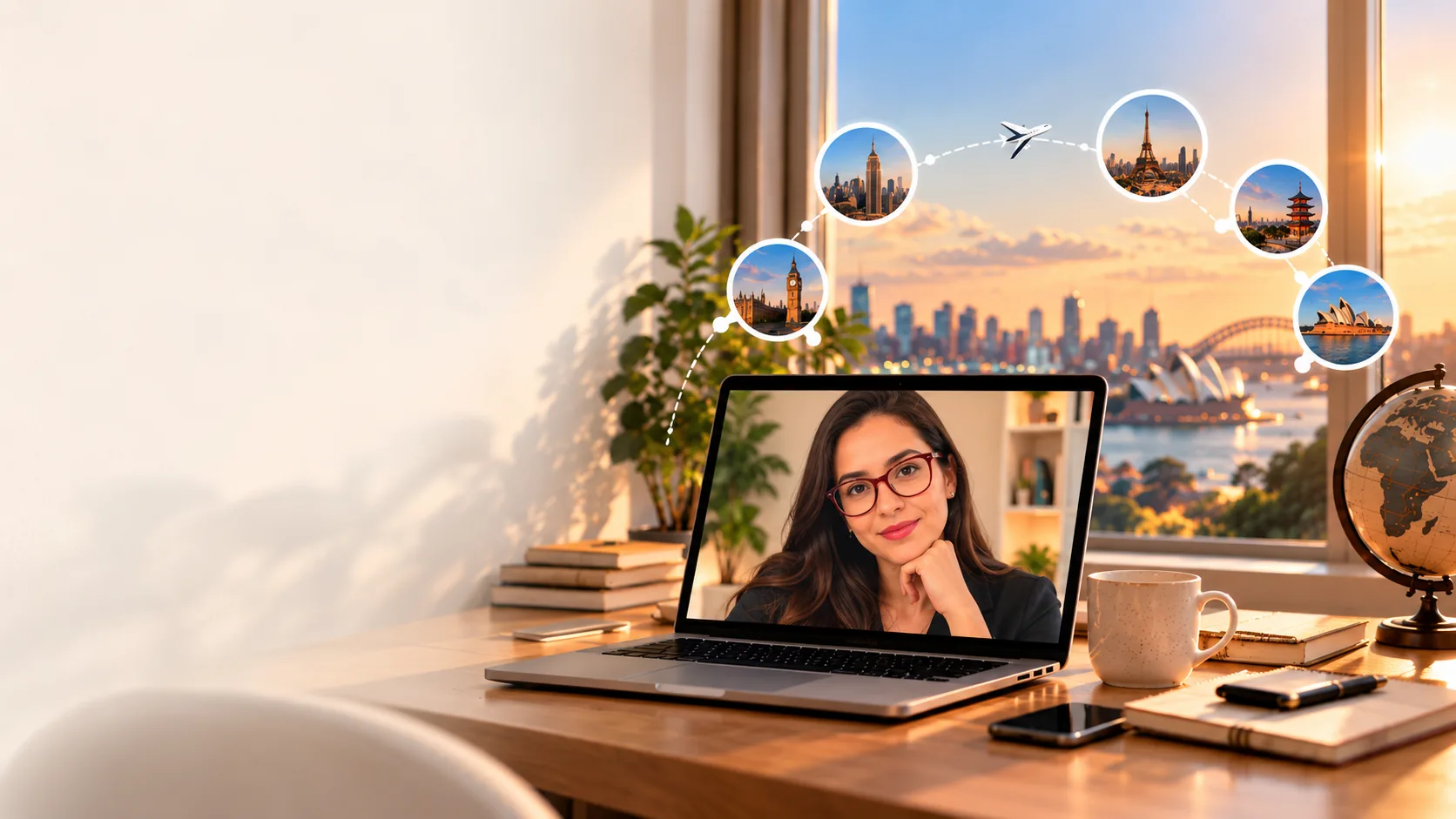 Atendimento de psicoterapia online com a psicóloga em videochamada, cercado por marcos de países — psicoterapia online baseada em evidências da WYNEED