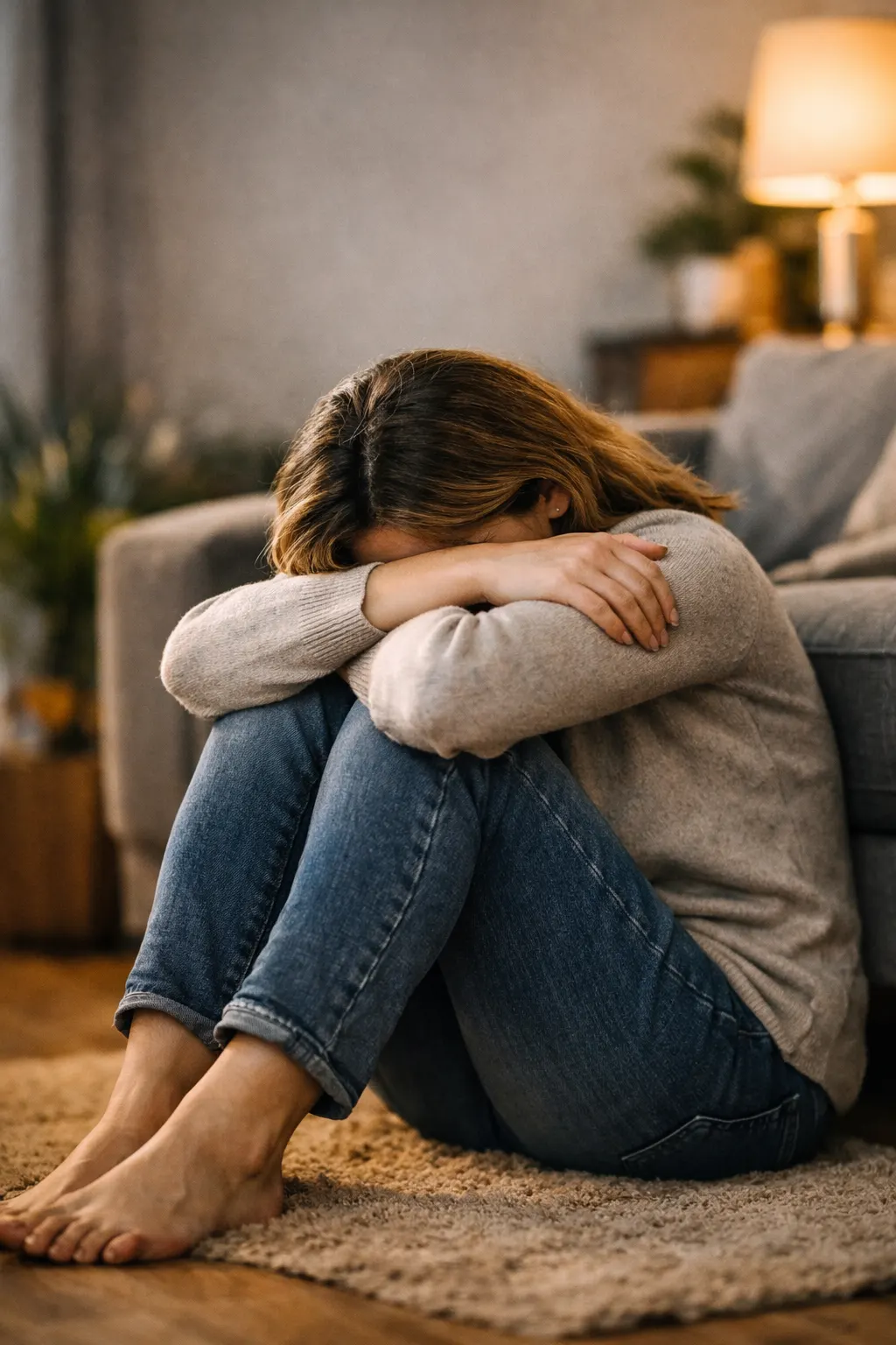 Mulher sentada no chão da sala, encolhida e com o rosto entre os braços, representando a evitação e o isolamento causados pela síndrome do pânico