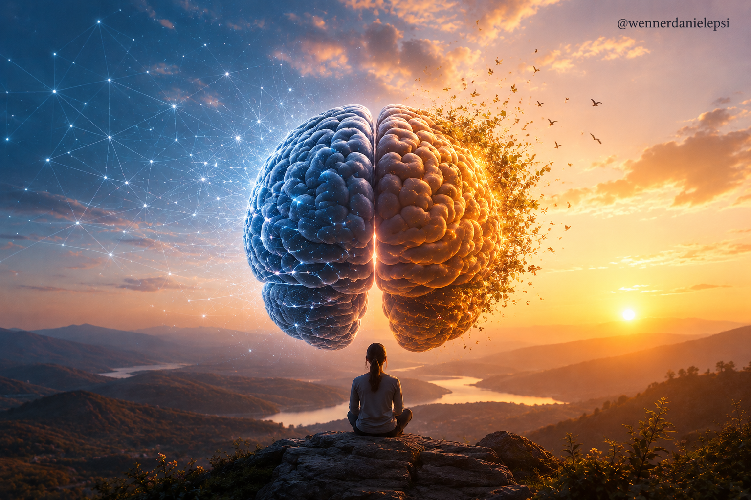 Mulher meditando diante de um cérebro dividido entre conexões neurais e natureza ao pôr do sol — metáfora da mente humana entre razão e emoção