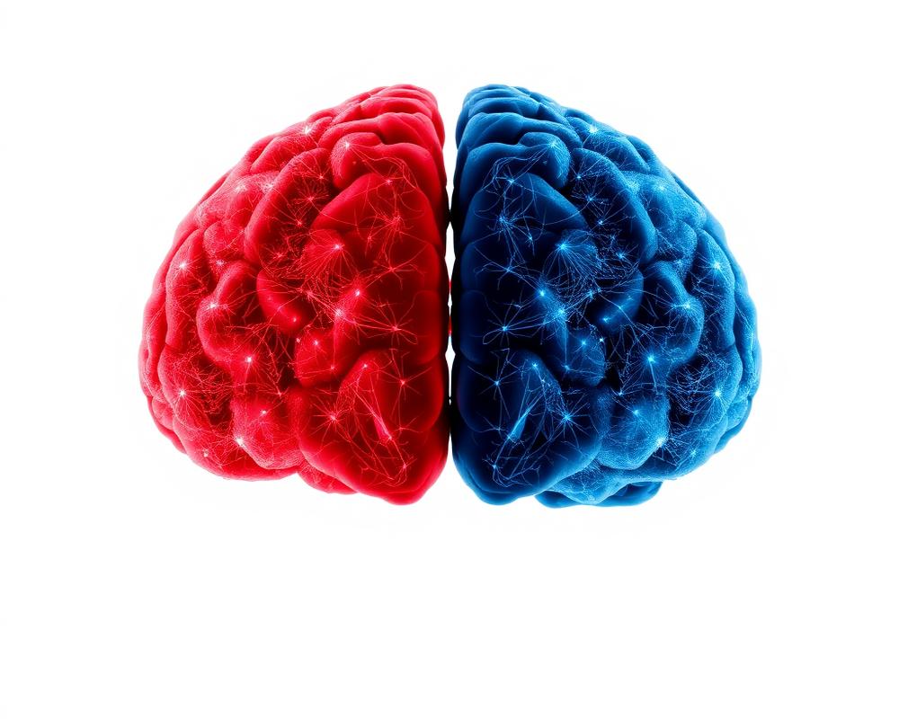Cérebro dividido em dois hemisférios, vermelho e azul