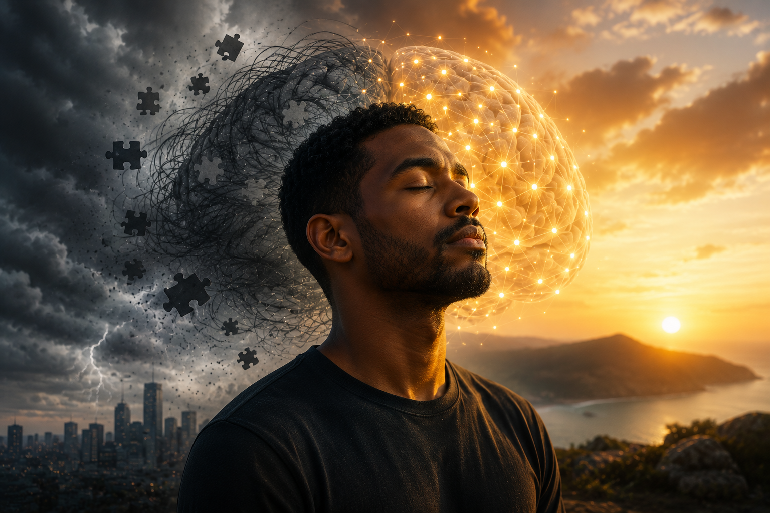 Homem negro encontrando calma emocional e reduzindo o estresse através do treinamento do cérebro e da Terapia Cognitivo-Comportamental.