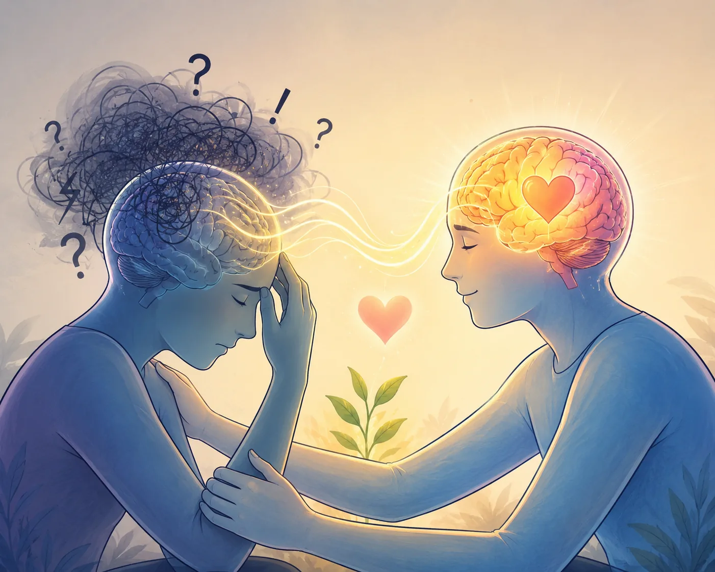 Ilustração de duas pessoas: uma em sofrimento emocional acolhida por outra serena, simbolizando apoio em crise de ansiedade.