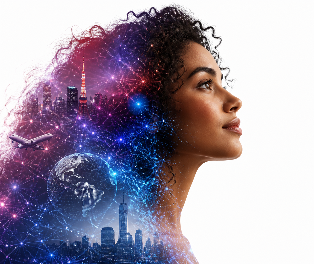 Mulher brasileira em perfil com conexões neurais e cidade ao fundo