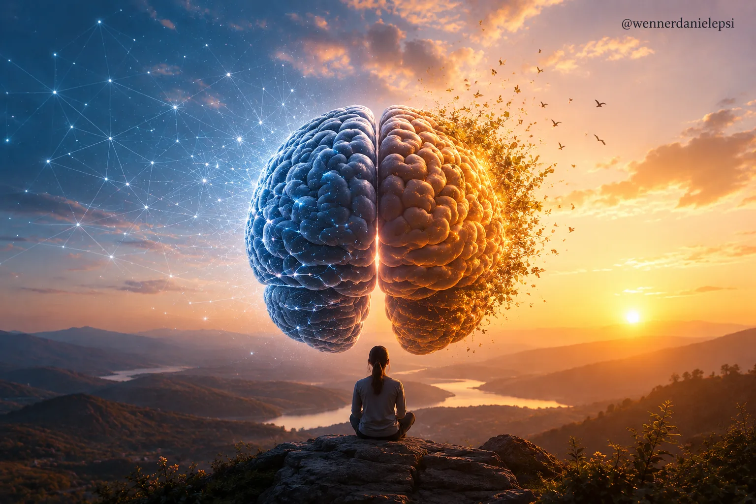 Mulher meditando diante de um cérebro dividido entre conexões neurais e natureza ao pôr do sol — metáfora da mente humana entre razão e emoção