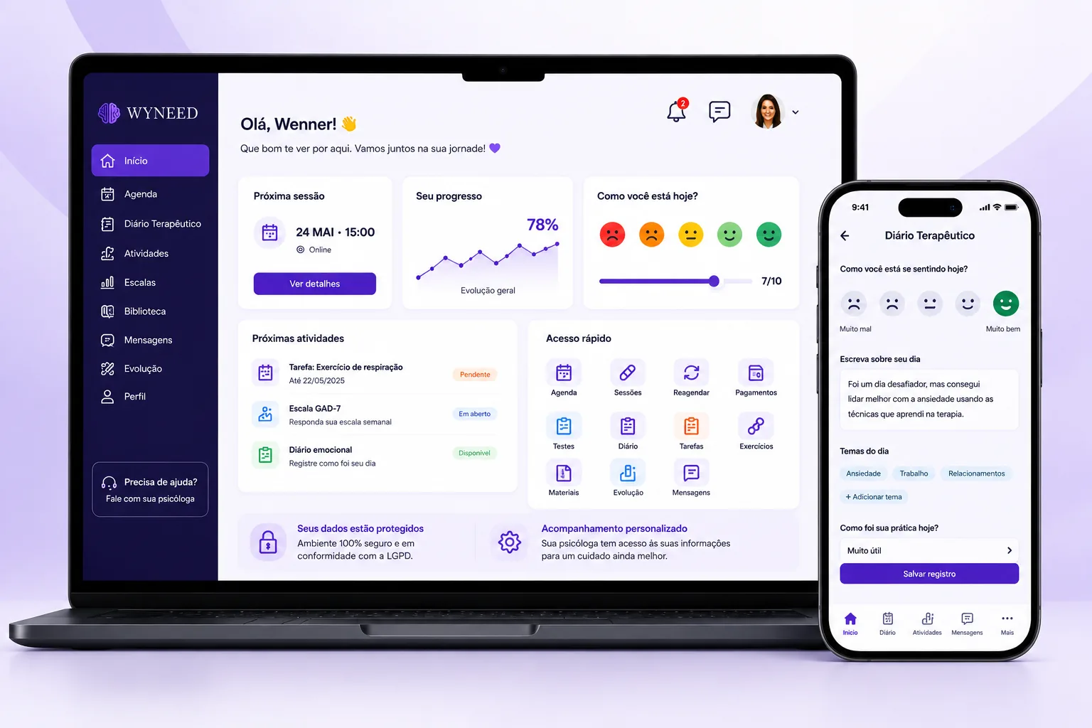 Portal WYNEED — Dashboard no notebook e aplicativo no celular