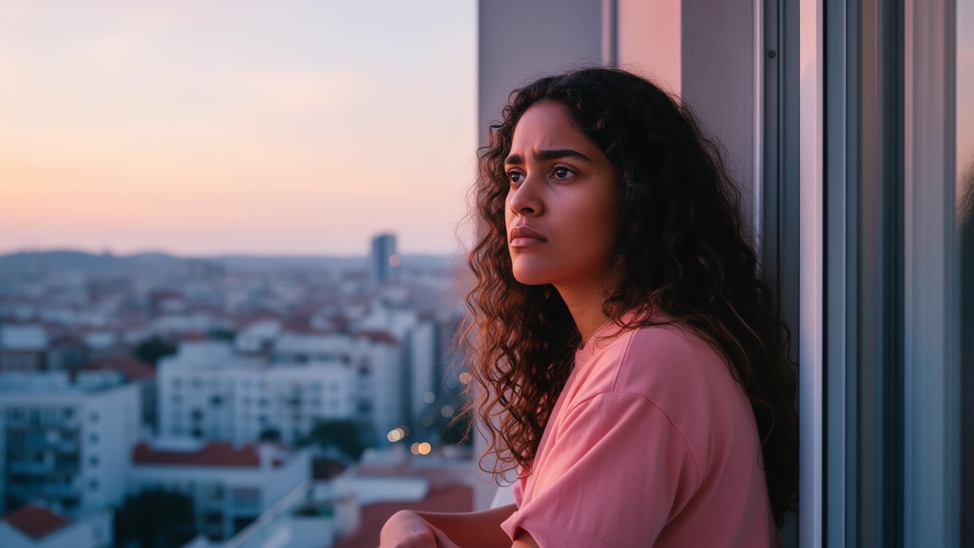 Mulher brasileira olhando pela janela de apartamento no exterior ao entardecer, expressando o estado de alerta constante de quem mora fora do Brasil